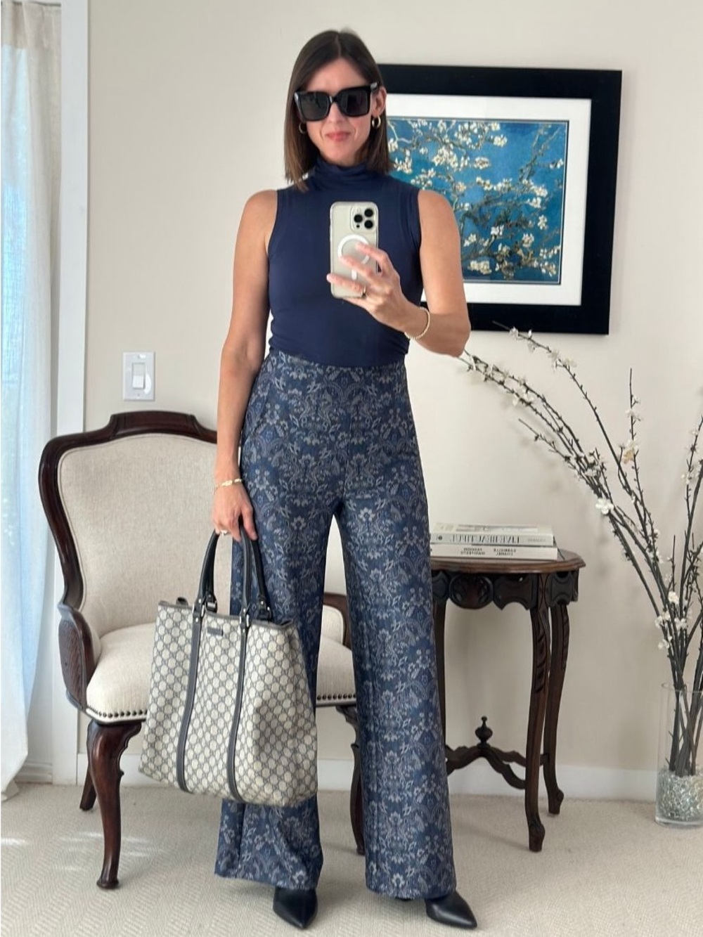 Macy's Navy Blue High-Waist Wide-Leg Patterned Pants